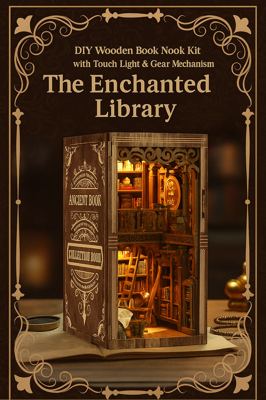 The Enchanted Library DIY Wooden Book Nook Kit with Touch Light & Gear Mechanis