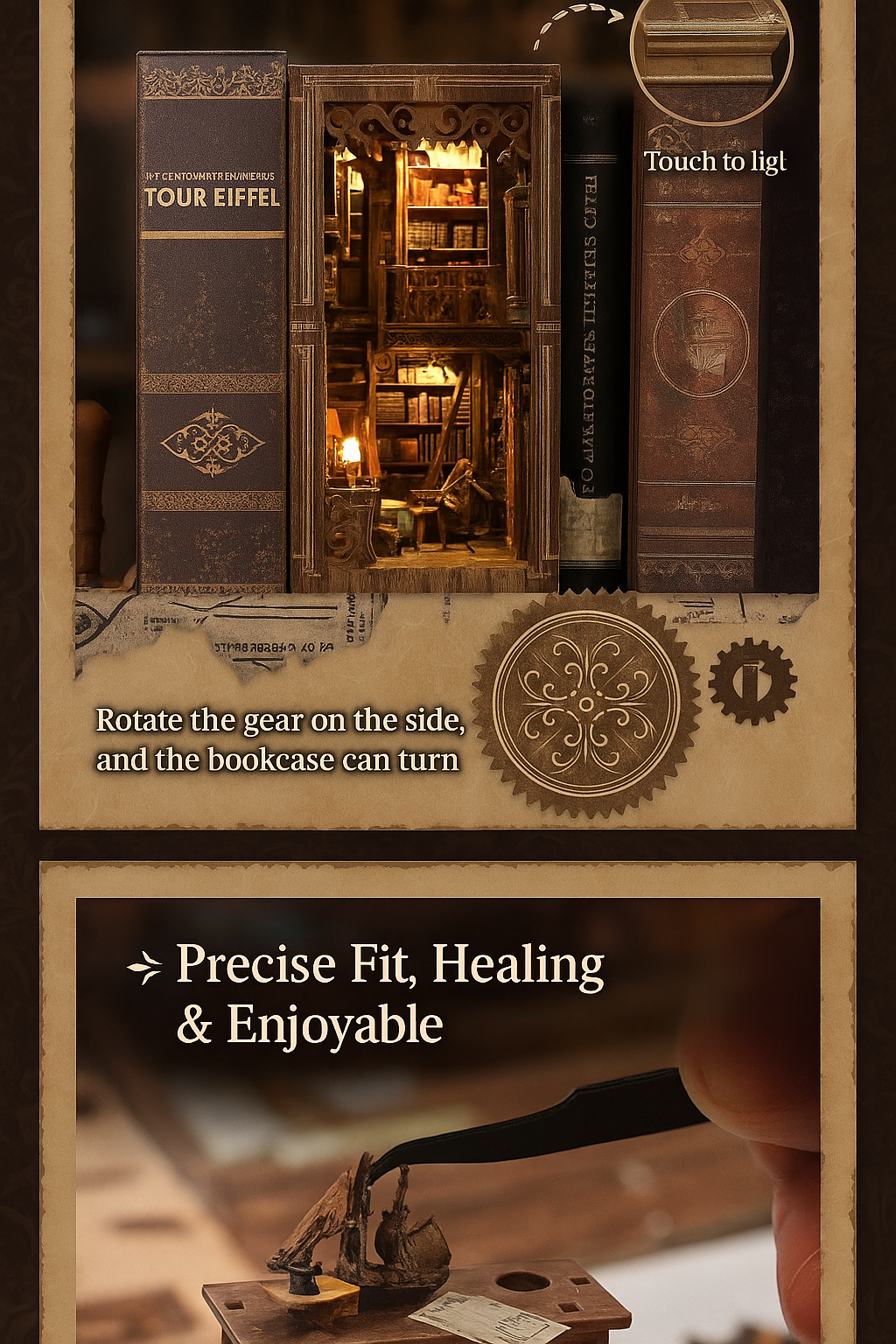 The Enchanted Library DIY Wooden Book Nook Kit with Touch Light & Gear Mechanis